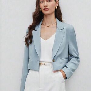 ZARA BLUE LINEN BLEND CROP BLAZER Medium